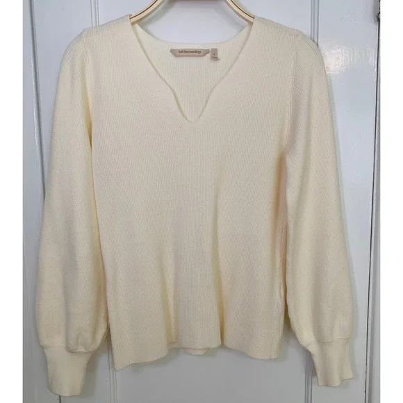 Soft Surroundings Sweater Cream Ribbed Knit Balloon Sleeve Notch Neck / Size S - Picture 2 of 11